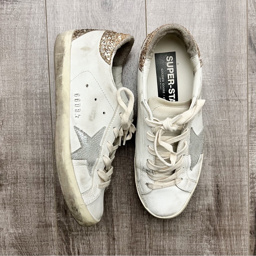 Golden Goose Superstar Sneakers Leather Snake Print Gold Glitter Heel Sz 38 (8)
